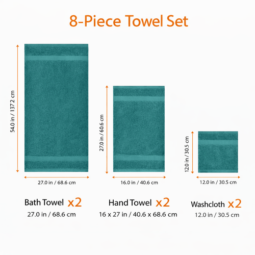 100% cotton towel set featuring 2 full-size bath towels, 4 washcloths, and 2 hand towels, designed for everyday softness.