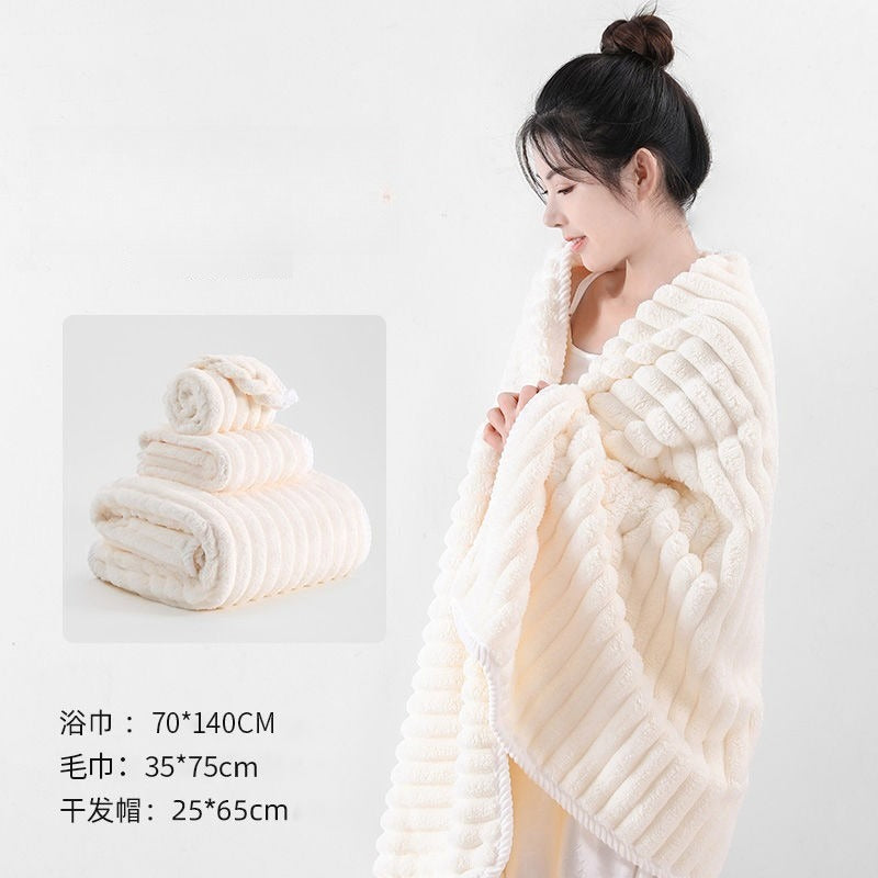 New Coral Velvet Quick-Dry Bath Towel Candy Velvet Beach Towel Bath Wrap Wave Pattern Towel Bath Towel Three-Piece Set Absorbent Hair Dry Bathrobe Set Home Hotel Soft Bath Towel