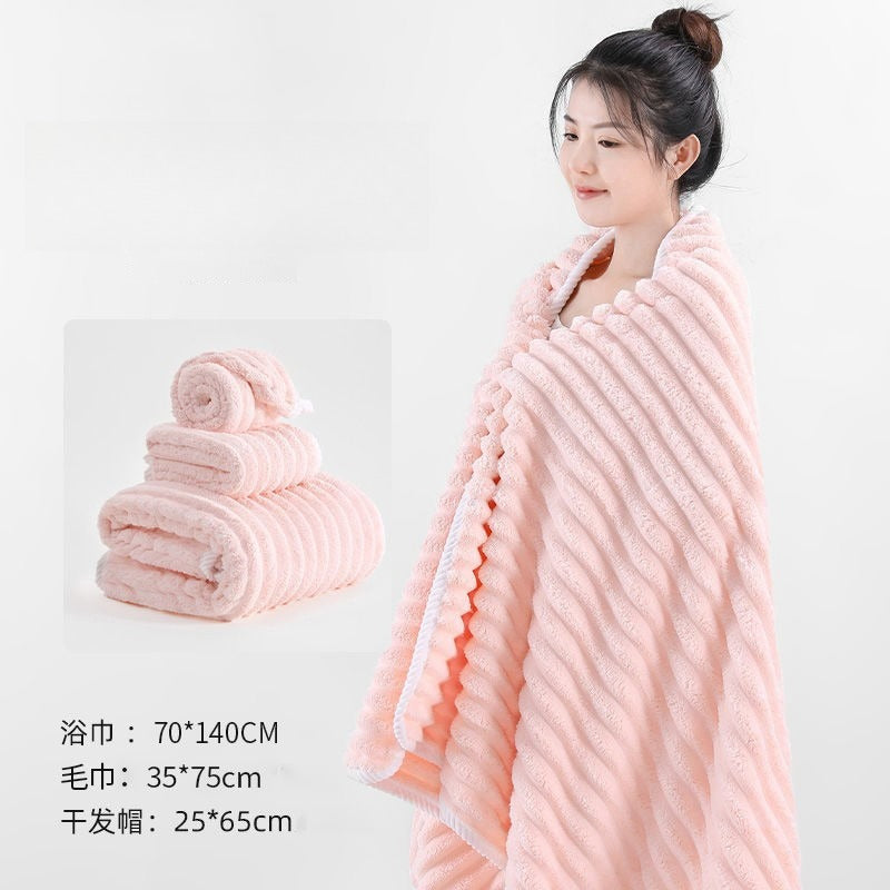 New Coral Velvet Quick-Dry Bath Towel Candy Velvet Beach Towel Bath Wrap Wave Pattern Towel Bath Towel Three-Piece Set Absorbent Hair Dry Bathrobe Set Home Hotel Soft Bath Towel