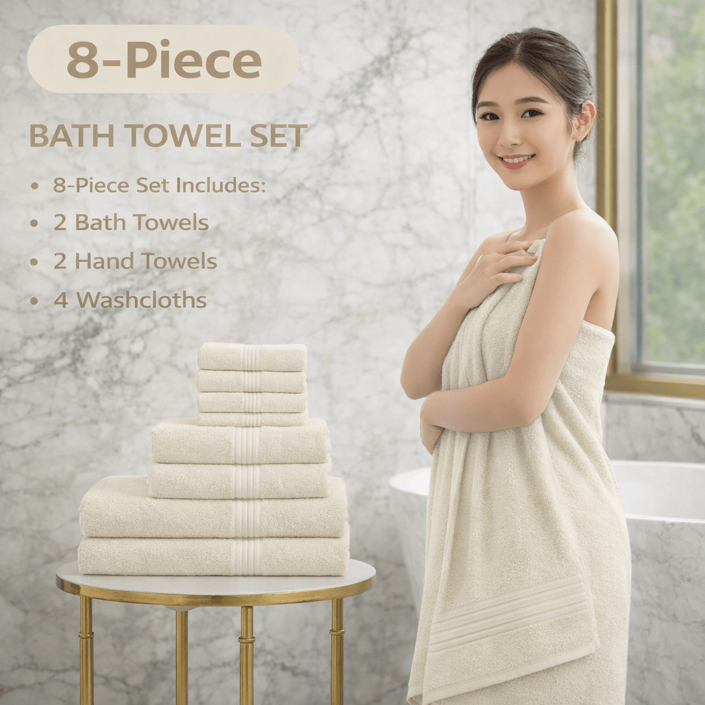 100% cotton towel set featuring 2 full-size bath towels, 4 washcloths, and 2 hand towels, designed for everyday softness.