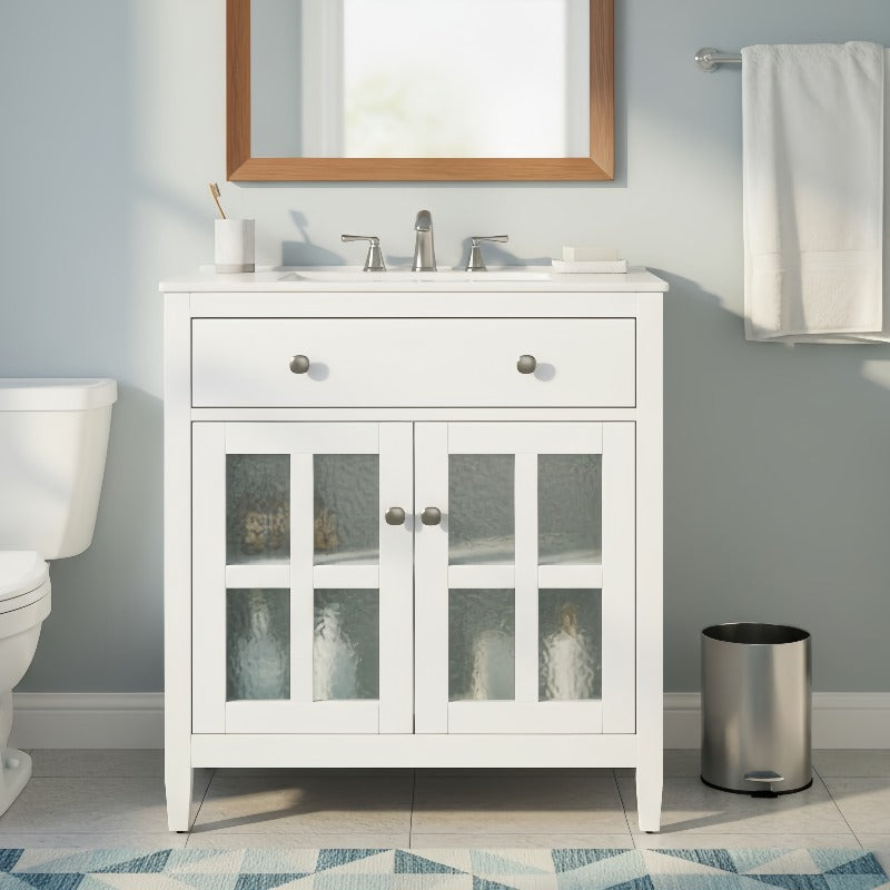 30' Bathroom Vanity with Ceramic Sink, Equipped with Adjustable Shelf and Tip-Out Tray, Bathroom Vanity with Legs, Silver Metal Knobs and Soft Close Hinges, White| Bathroom Storage Cabinet, Easy Assembly, Sturdy Construction,