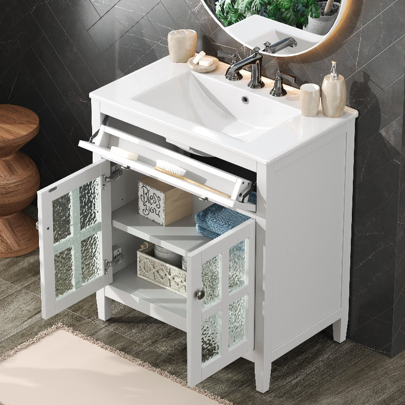 30' Bathroom Vanity with Ceramic Sink, Equipped with Adjustable Shelf and Tip-Out Tray, Bathroom Vanity with Legs, Silver Metal Knobs and Soft Close Hinges, White| Bathroom Storage Cabinet, Easy Assembly, Sturdy Construction,