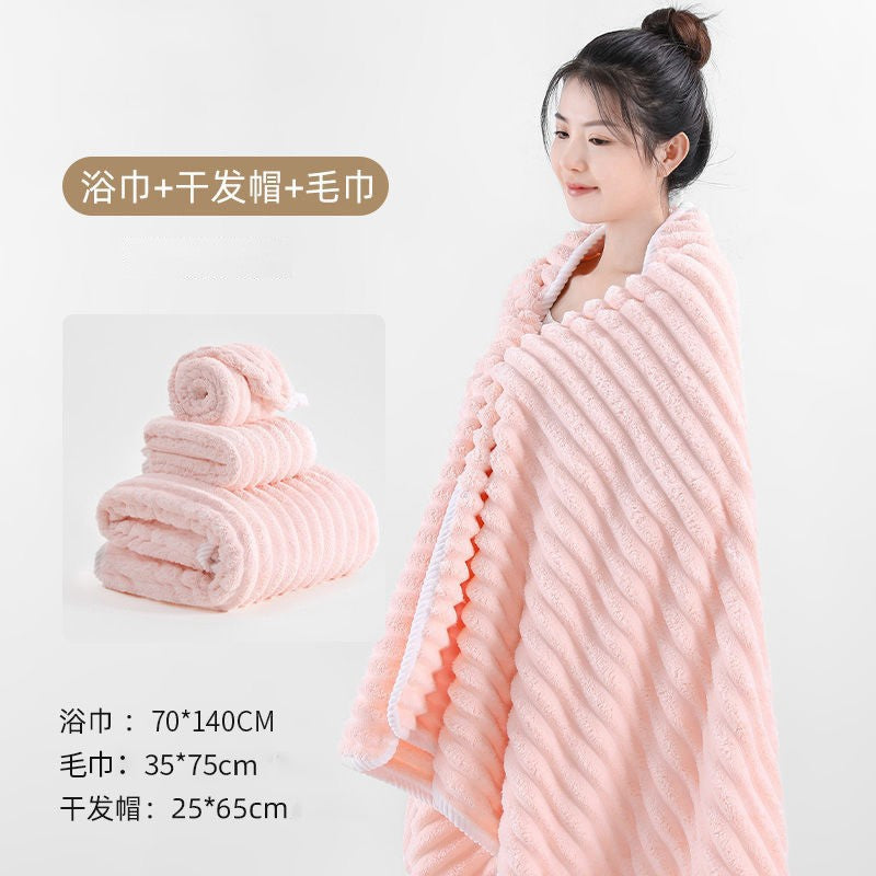 New Coral Velvet Quick-Dry Bath Towel Candy Velvet Beach Towel Bath Wrap Wave Pattern Towel Bath Towel Three-Piece Set Absorbent Hair Dry Bathrobe Set Home Hotel Soft Bath Towel
