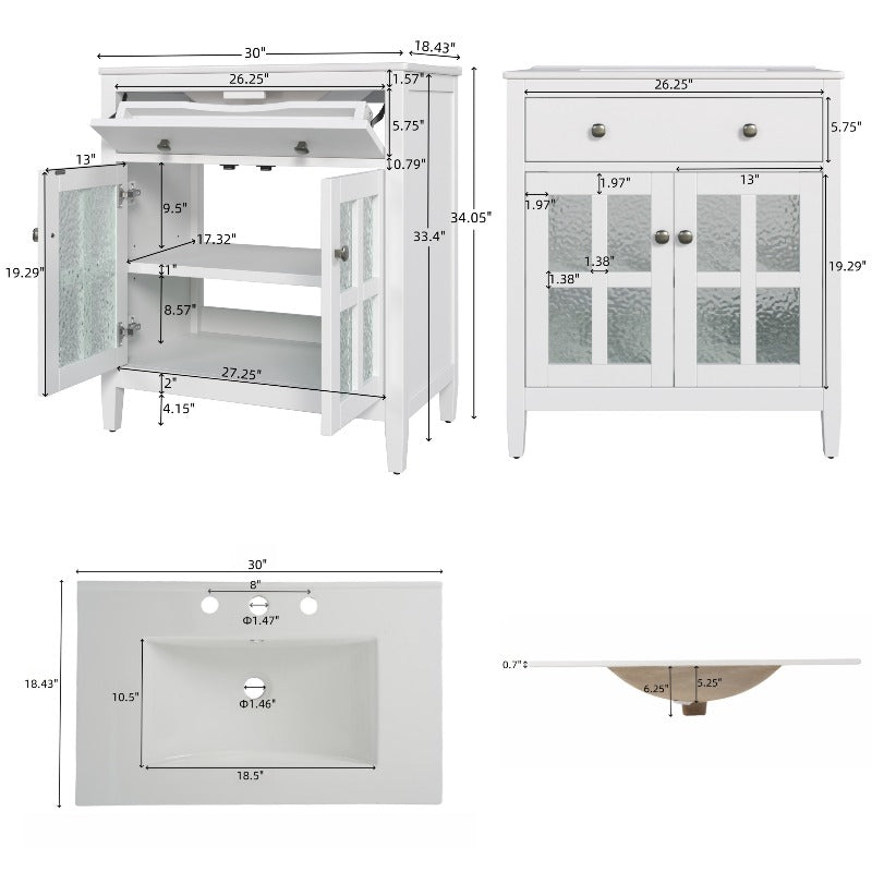 30' Bathroom Vanity with Ceramic Sink, Equipped with Adjustable Shelf and Tip-Out Tray, Bathroom Vanity with Legs, Silver Metal Knobs and Soft Close Hinges, White| Bathroom Storage Cabinet, Easy Assembly, Sturdy Construction,