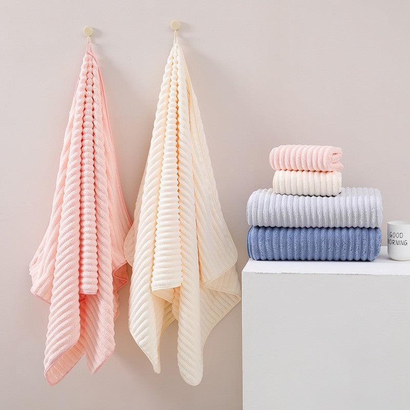 New Coral Velvet Quick-Dry Bath Towel Candy Velvet Beach Towel Bath Wrap Wave Pattern Towel Bath Towel Three-Piece Set Absorbent Hair Dry Bathrobe Set Home Hotel Soft Bath Towel
